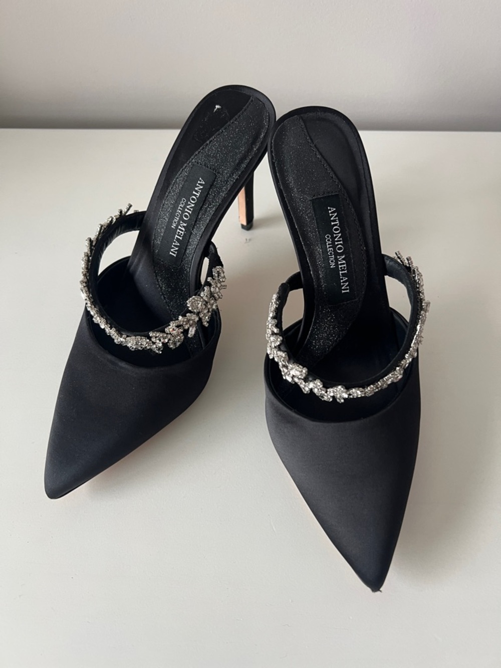 ANTONIO MELANI Black Satin Pointed Toe Heels with Crystal-Embellished Strap